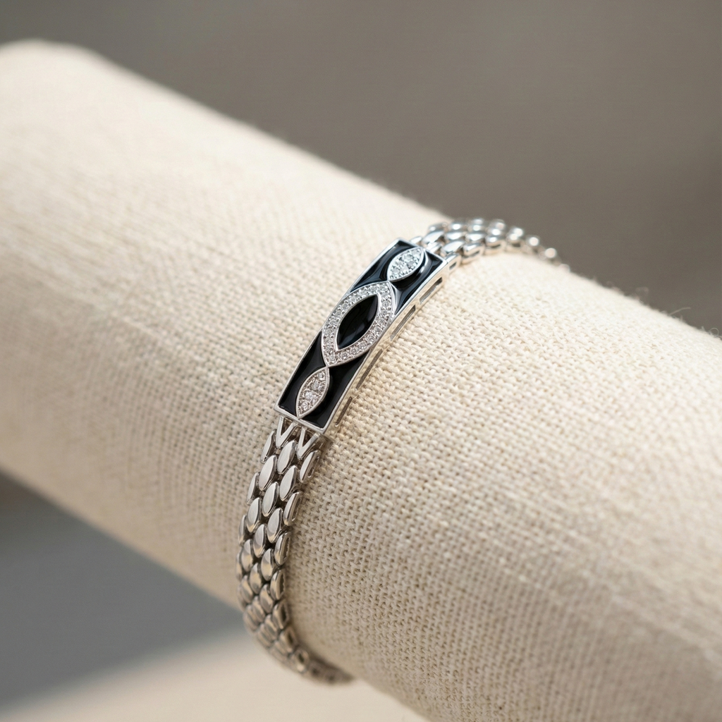 925 Silver Chain Bracelet with Black Enamel for Men