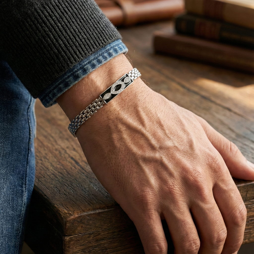 925_Silver_Chain_Bracelet_with_Black_Enamel_for_Men