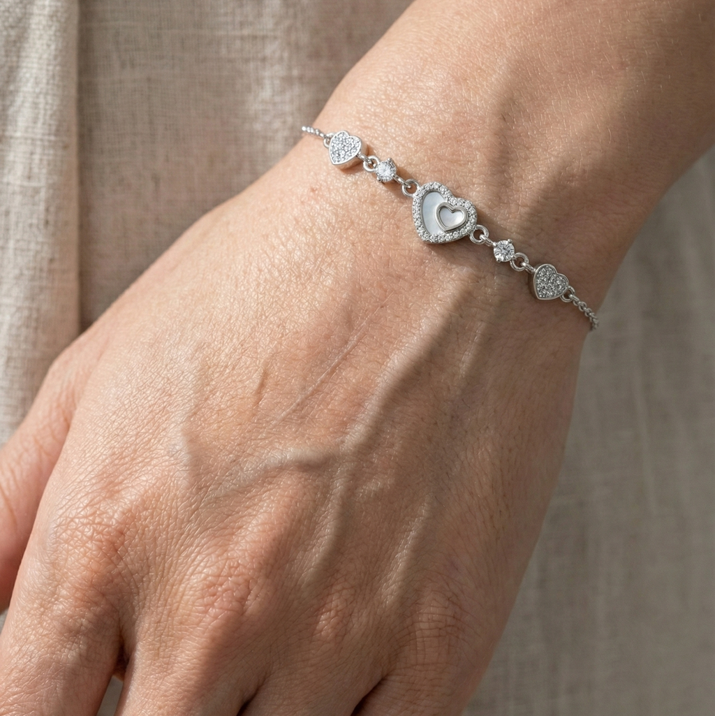 925 Silver Heart Bracelet with Diamond for Women