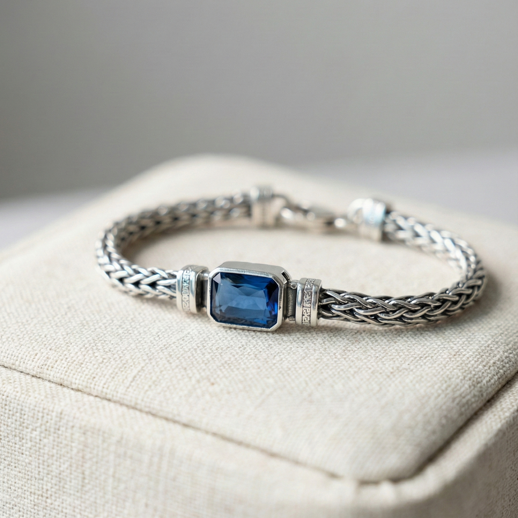 Braided Sterling Silver Men Bracelet with Blue Topaz