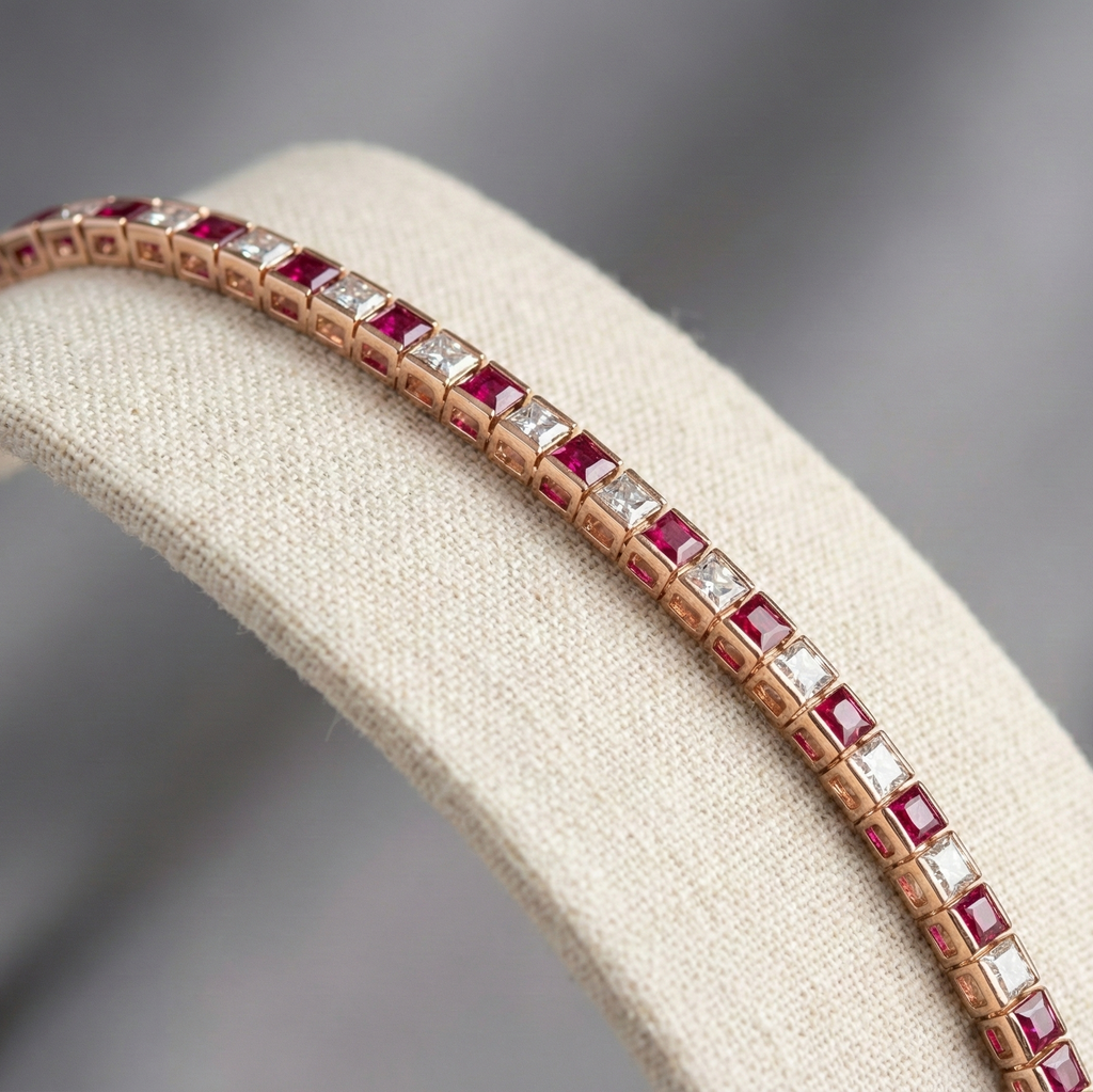 Jewelry bracelet with red and white gemstones on a beige cushion against a gray background